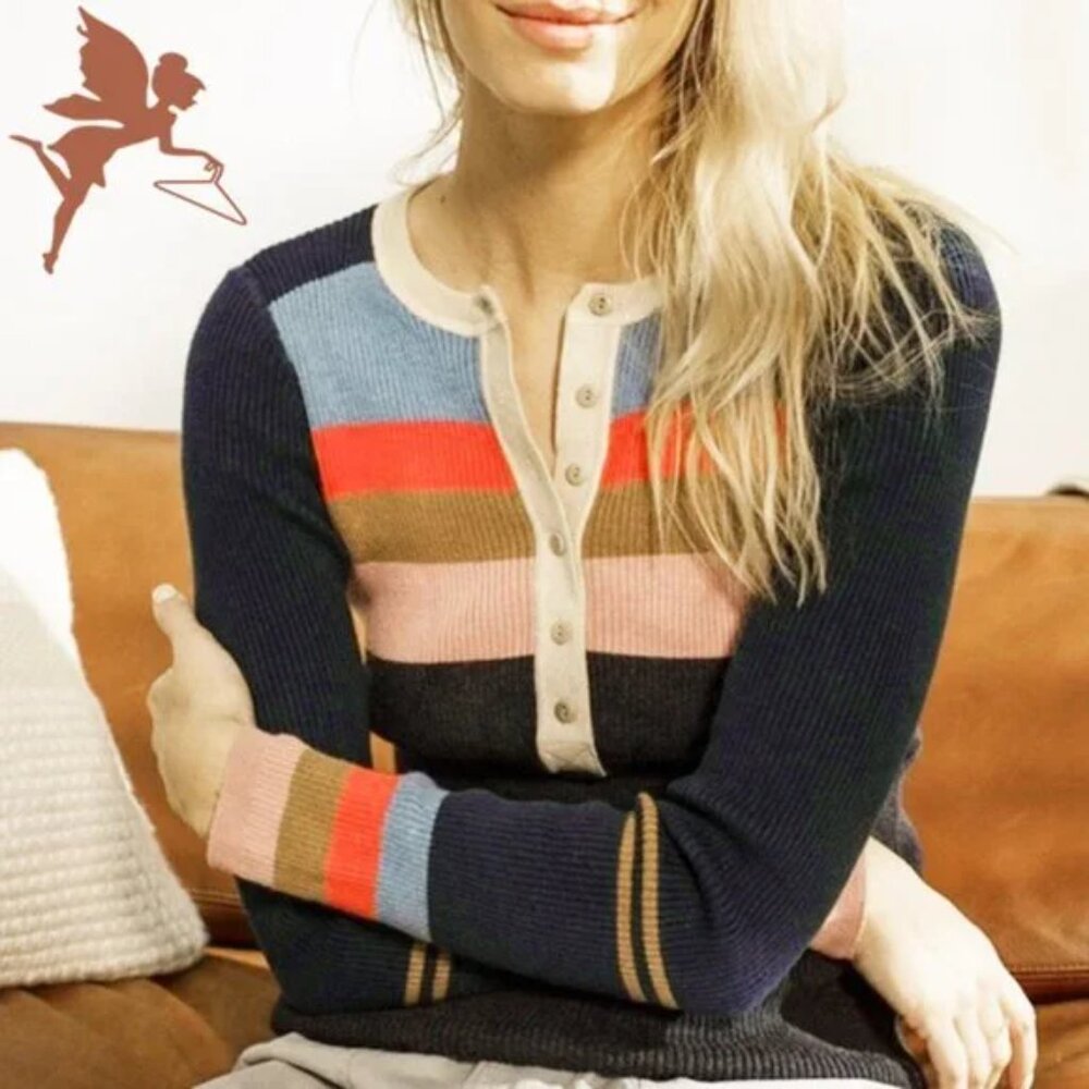 FAHERTY Mikki Henley Cashmere Ribbed Sweater in Vintage Colorblock